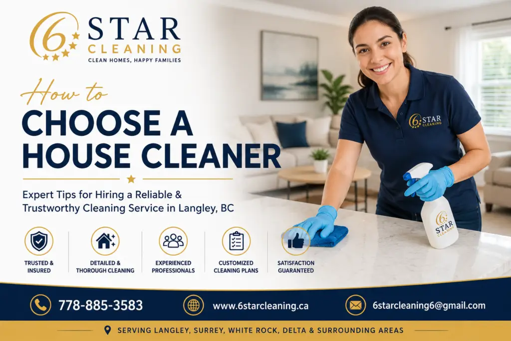 Promotional graphic for 6 Star Cleaning featuring a smiling professional house cleaner wiping a kitchen counter while holding a spray bottle in a bright modern home. The image includes the headline “How to Choose a House Cleaner” with tips for hiring a reliable and trustworthy cleaning service in Langley, BC. Icons highlight trusted and insured service, detailed cleaning, experienced professionals, customized cleaning plans, and satisfaction guaranteed. Contact details and service areas including Langley, Surrey, White Rock, and Delta are displayed at the bottom.