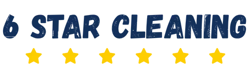 6 Star Cleaning logo featuring a large blue number 6 surrounded by five gold stars, a house illustration underneath, and the company name “6 Star Cleaning” in bold blue text on a transparent background.
